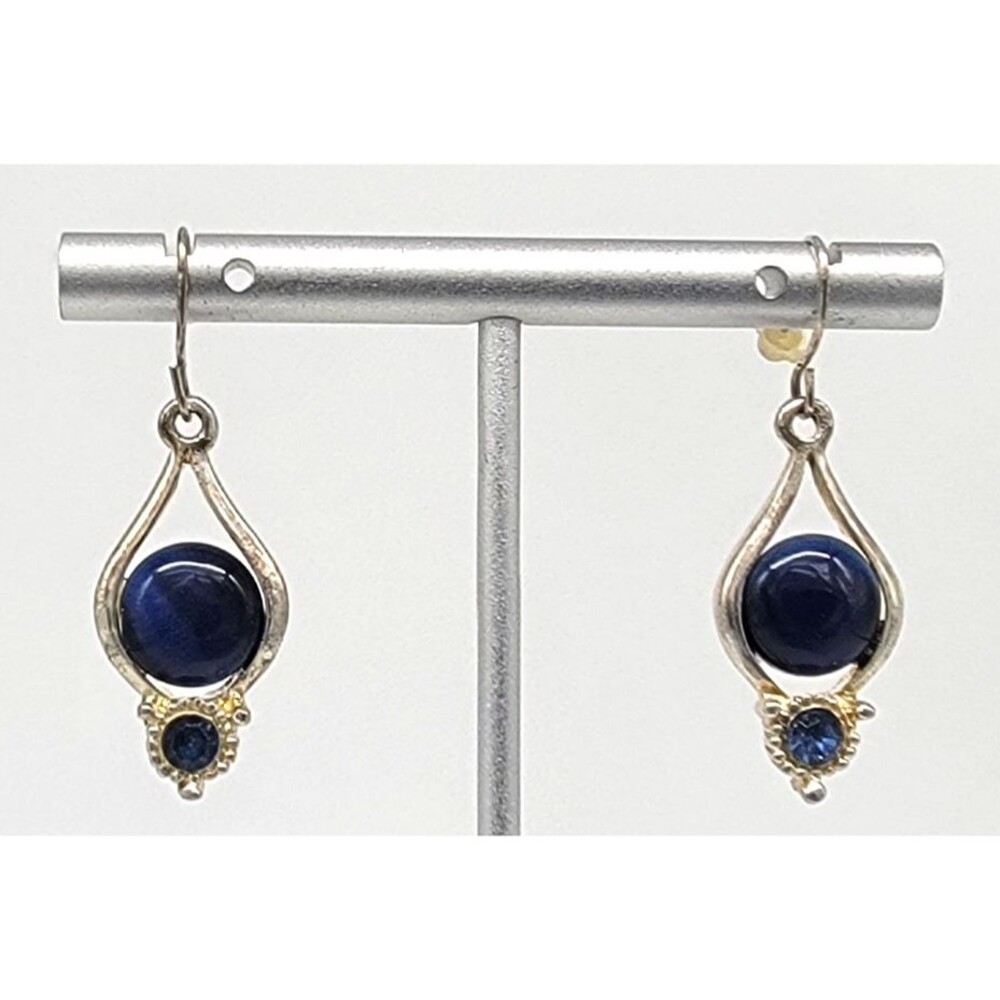 Cobalt Blue Cabochon Rhinestone Dangle Drop Earrings Hook Silver Tone Vintage